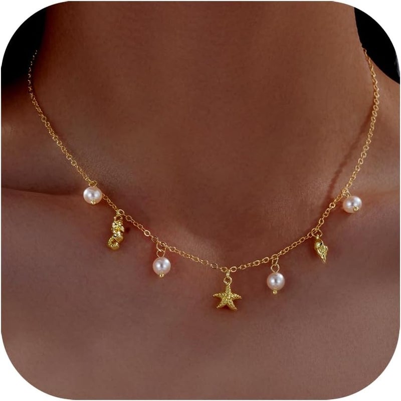 Sanyaa Seashell Starfish Necklace for Women Conch Shell Summer Pearl Beach 14k Gold Layered Dainty Choker - Image 1